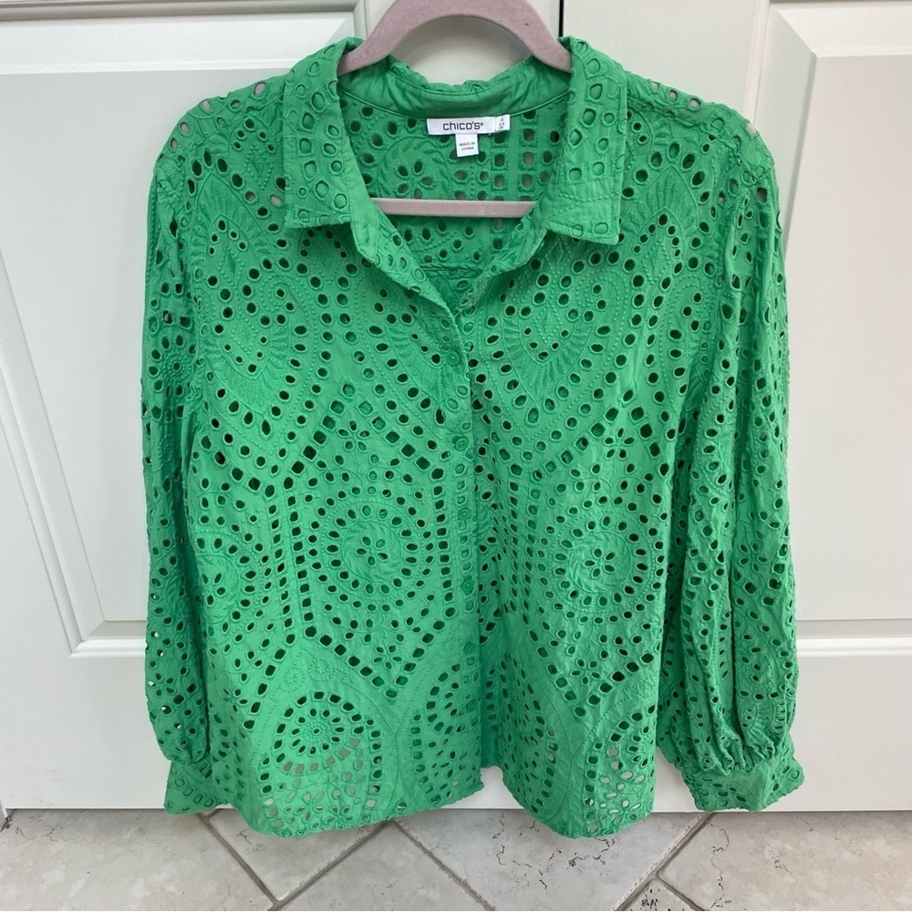 Chico's Grass Green Eyelet Button Up Cotton Balloon Long Sleeve Shirt Blouse